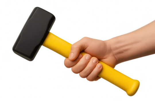 Hand holding a sledgehammer with yellow handle isolated on transparent background