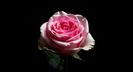 Pink rose with water droplets on petals black background