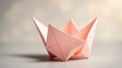Pink paper origami boat on gray surface with blurred background