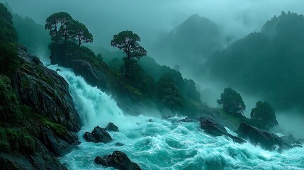 Rushing waterfall with rocky cliffs high resolution picture