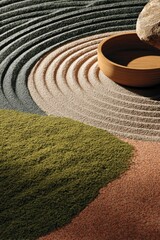 A serene, textured surface displays concentric circles of light beige sand, outlined by darker shades of green and taupe, with a wooden bowl and stone centrally positioned.