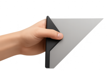 Hand holding a gray triangular object isolated on transparent background