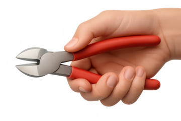 Hand holding cutting pliers isolated on transparent background, tool and hand