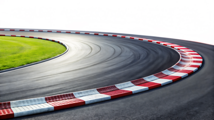 Race track corner with red and white curbs and green grass racing circuit motorsport isolated on a transparent background