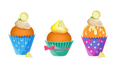 Multicolored lemon cupcakes on a white background with icing and cream. Illustration vector