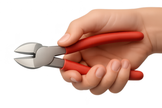 Hand holding cutting pliers isolated on transparent background, tool and hand