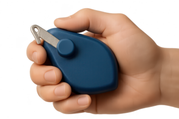 Hand holding blue chalk line reel isolated on a transparent background, tool