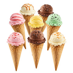 Assorted ice cream cones isolated on transparent background