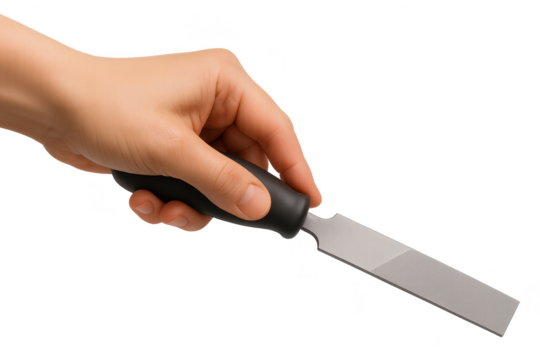 Hand holding a metal file, tool isolated on a transparent background image - Powered by Adobe