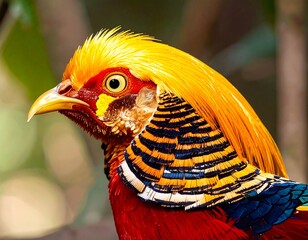 Close-up of a golden pheasant's head. Vivid colors, intricate patterns