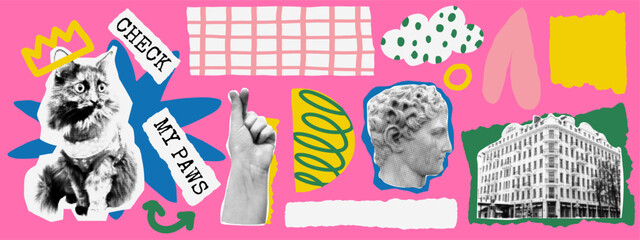Fun kit in a pop zine doodle collage art style. Dadaism scribble dada set style lines bring a weird playful energy. The set includes cat, hand, statue, house, geometric shapes, grid, crown, arrow, dot