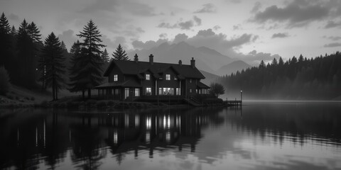 Fototapeta premium Timeless Lakeside Serenity Black and White Lake House A Classic Study in Light and Shadow