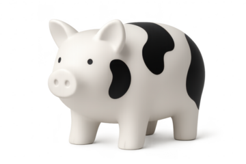 Cute white piggy bank with black spots isolated on transparent background