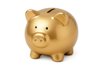 Shiny golden piggy bank isolated on transparent background, symbol of savings