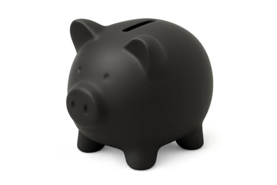 Black piggy bank, isolated on transparent background, symbol of savings.