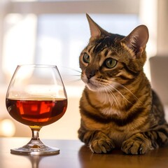Bengal cat gazes at a glass of amber liquid