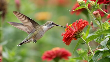 Fototapeta premium Hummingbird Nectar Delight: Witness the exquisite dance between a delicate hummingbird and a vibrant red zinnia flower.