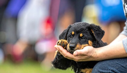 A small, black and tan puppy rests in a person's hands.  Blurred crowd in background