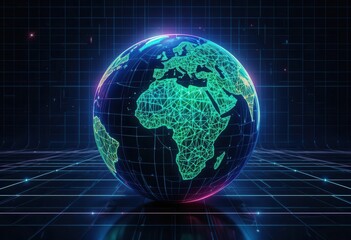 Incorporates bright neon colors and a structured grid background for a futuristic, tech inspired aesthetic.