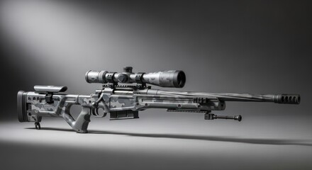 Camouflaged sniper rifle with scope on grey background, strong lighting