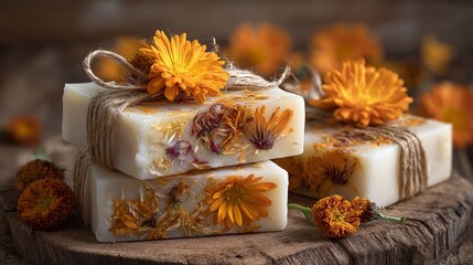 Handcrafted soap bars adorned with vibrant flowers, showcasing the beauty of nature's artistry. Perfect for spa themes, gift ideas, or natural product promotions. Bath essentials inspired by organic i