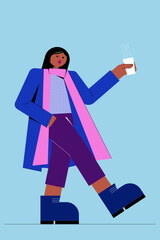 African woman walking in a coat with scarf holding hot coffee cup. Vector autumn, winter, fall illustration in blue and pink colors.
