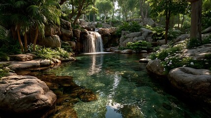 Stunning green forest waterfall with sunlight high resolution picture