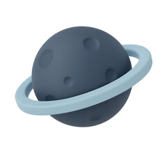 A stylized representation of a planet with rings, featuring a dark color and textured surface.