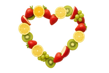 Obraz premium Heart-shaped arrangement of colorful fresh fruits isolated on transparent background