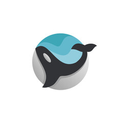 A stylized logo depicting a killer whale leaping from the ocean, within a circular design.