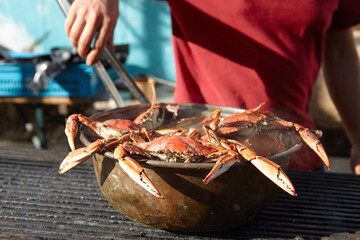 Male chef in red shirt preparing fresh crabs in a metal bowl, showcasing vibrant seafood on a...