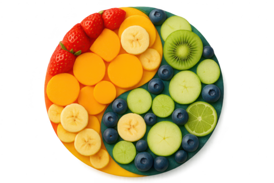 Vibrant fresh fruit yin-yang symbol isolated on a transparent background, healthy balance - Powered by Adobe