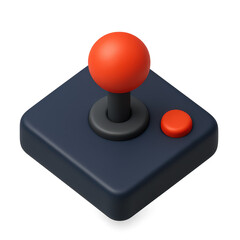 A classic joystick controller with a red ball top and a button, used for gaming.