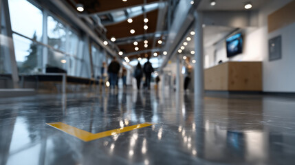 Fototapeta premium A view from the ground perspective of a modern public venue, emphasizing the architectural design and ambiance amidst the movement of people and lighting.