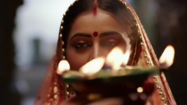 Indian Bride with Diya, Ceremony, and Closeup.