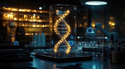 DNA helix glows in glass cylinder; lab equipment and viruses visible in background