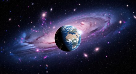 Obraz premium Earth against a backdrop of spiral galaxy, showing continents and lights