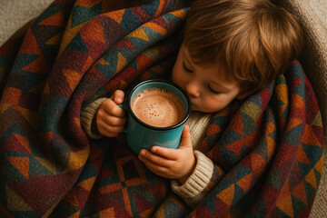 Steaming hot chocolate with marshmallows beside candle and knit mittens on rustic wood; winter coziness. generative AI