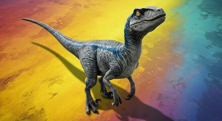 gray velociraptor with blue stripes, named blue, looking to the right with colored background, projected shadow