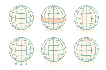Geographic Grid Art. Isometric vector illustration set meridian longitude latitude grid: geographic grid sphere, equatorial