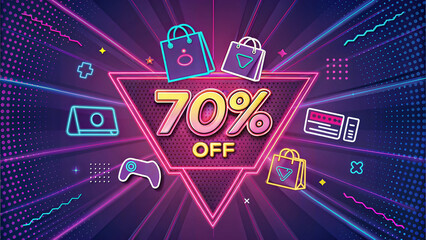 Colorful sale poster with 70% off offer and shopping icons  
