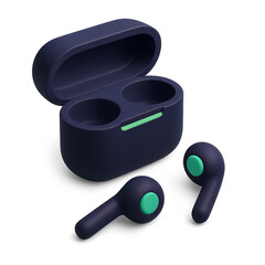 A pair of wireless earbuds with a charging case, designed for audio listening.