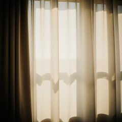 Soft sunlight filters through beige curtains, creating gentle patterns and shadows in a calming indoor environment during the day Generative AI