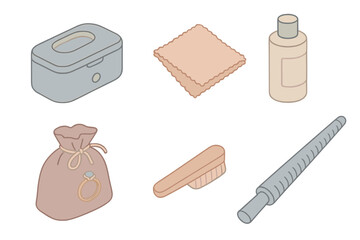 Jewelry Care Essentials. Isometric vector illustration set Jewelry care & maintenance: ultrasonic cleaner bath, microfiber
