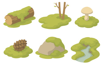 Mossy Forest Icons. Isometric vector illustration set Mossy forest ground: moss-covered log, moss carpet under trees, mushroom