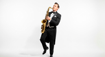 Obraz premium Man in a tailcoat playing saxophone on a white background
