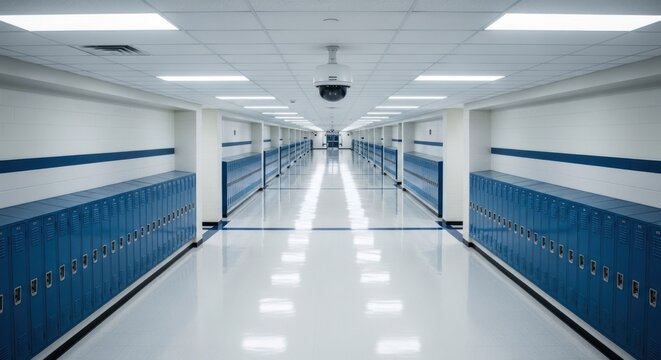 Endless school hallway with blue lockers and surveillance camera overhead - Powered by Adobe