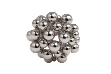 A cluster of metallic spheres, possibly magnetic, forming a unique 3D structure. background removed