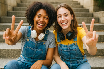 Two cheerful students in denim overalls flash peace signs on campus steps—friendship and youth. generative AI