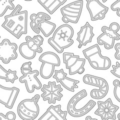 Seamless vector pattern with gingerbread cookies in holiday shapes. Festive Christmas background with traditional baked sweets outline for winter celebration and decoration design.